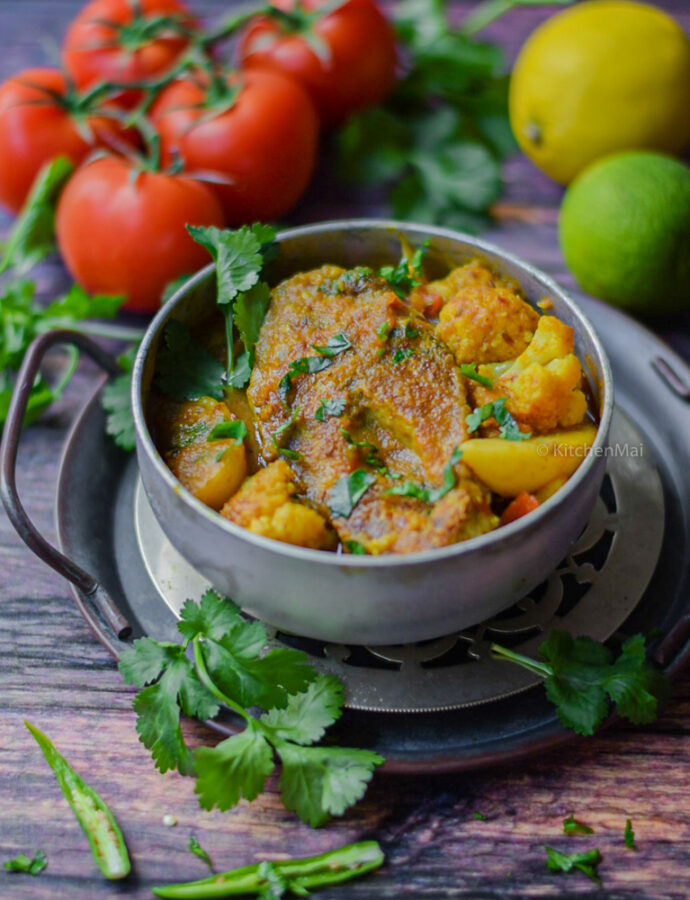 Bengali fish curry with potatoes and cauliflower