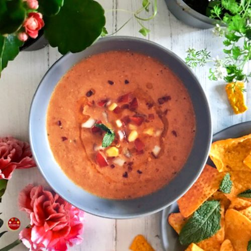 "Gazpacho with corn and bell peppers - www.kitchenmai.com"