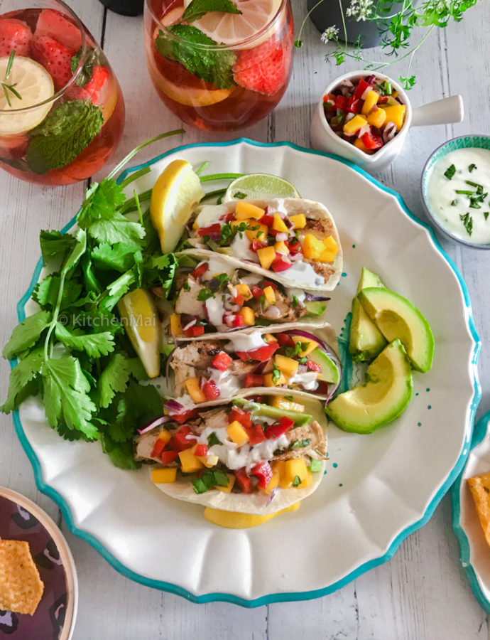Grilled chicken tacos with mango salsa