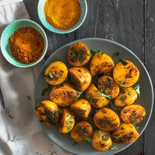 "Roasted potatoes with sambar masala - www.kitchenmai.com"