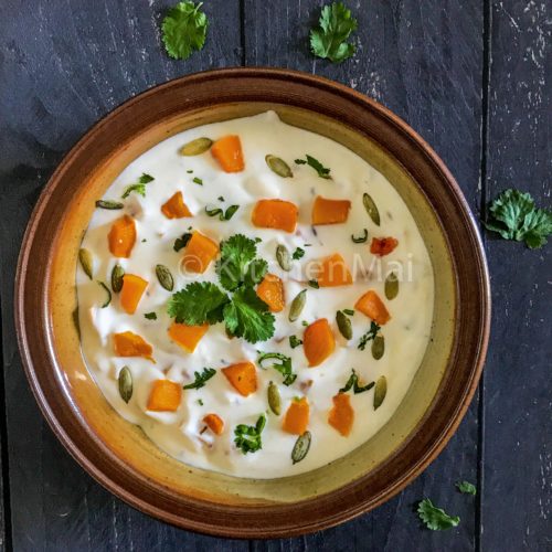 "Roasted butternut squash pumpkin raita - www.kitchenmai.com"