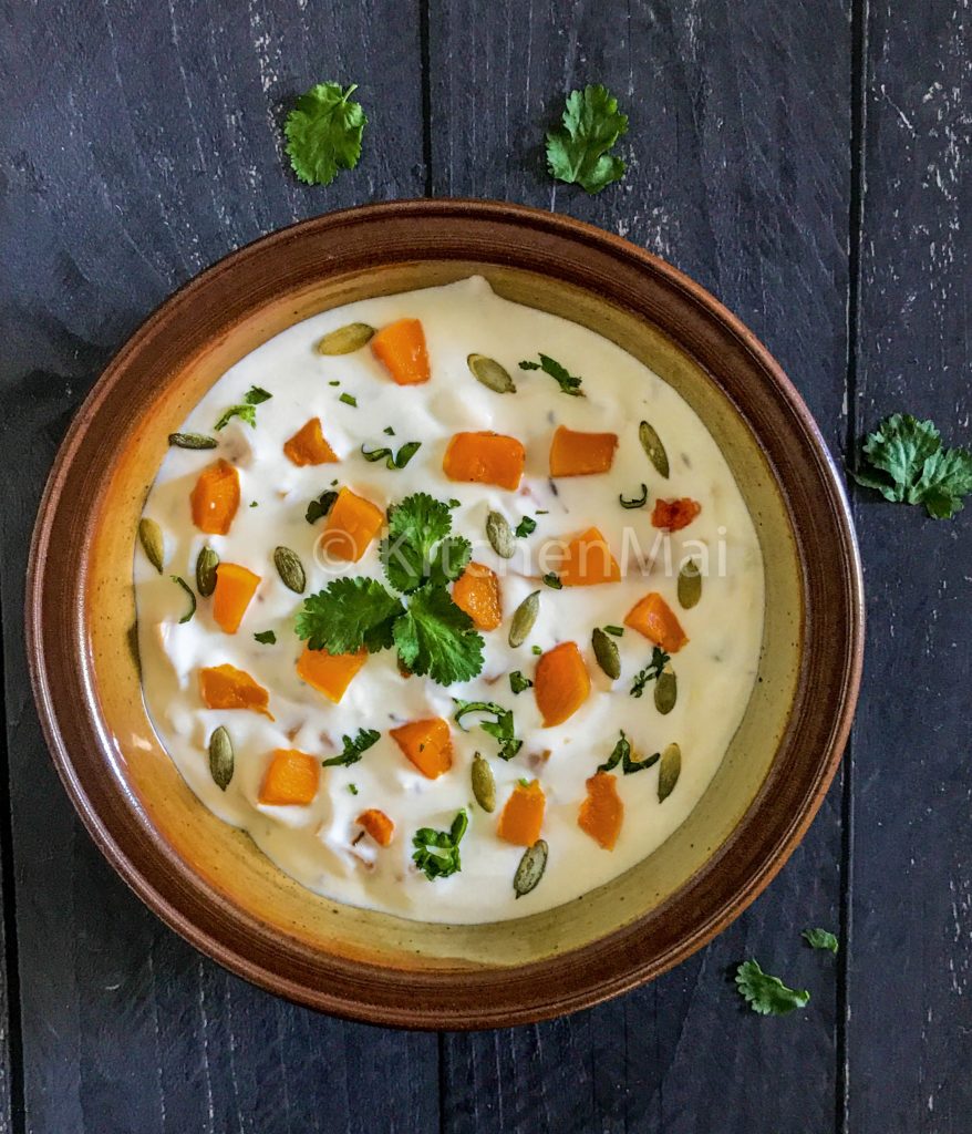 "Roasted butternut squash pumpkin raita - www.kitchenmai.com"