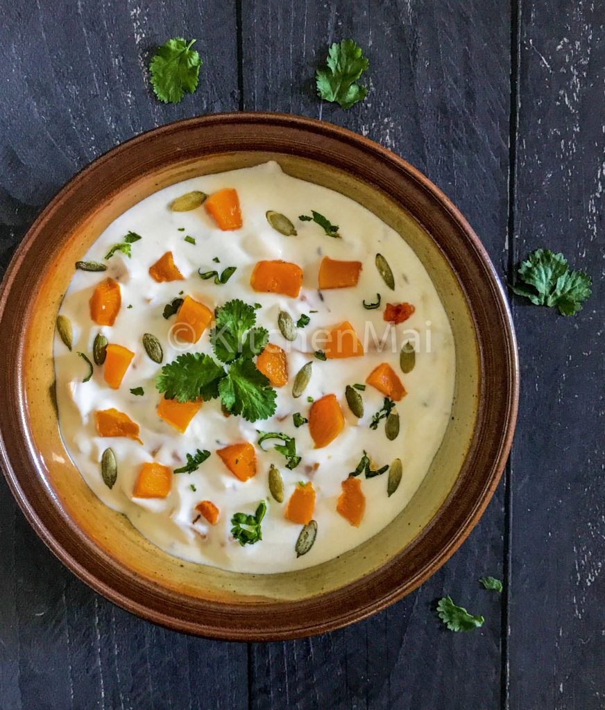 "Roasted butternut squash pumpkin raita - www.kitchenmai.com"