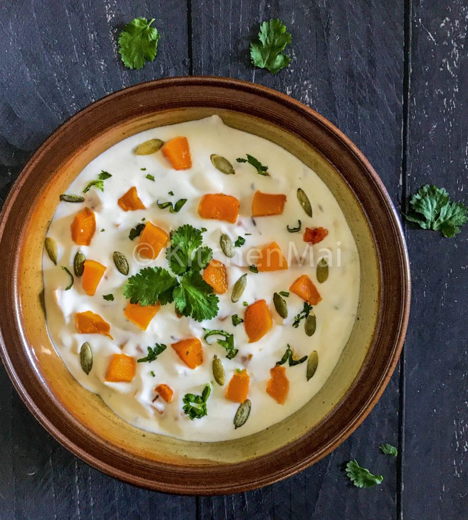 "Roasted butternut squash pumpkin raita - www.kitchenmai.com"