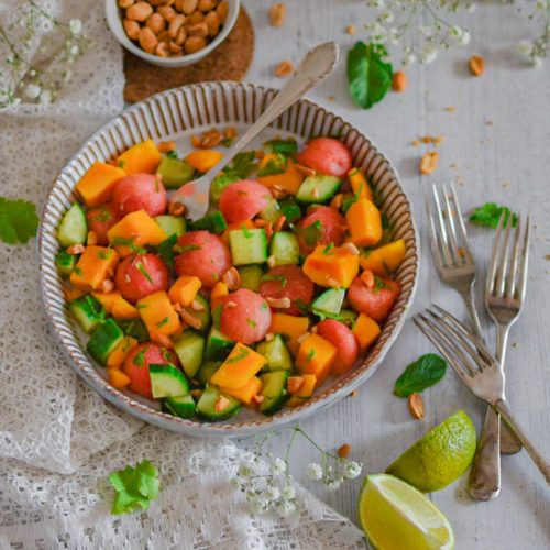 "watermelon cucumber and peanuts salad - www.kitchenmai.com"