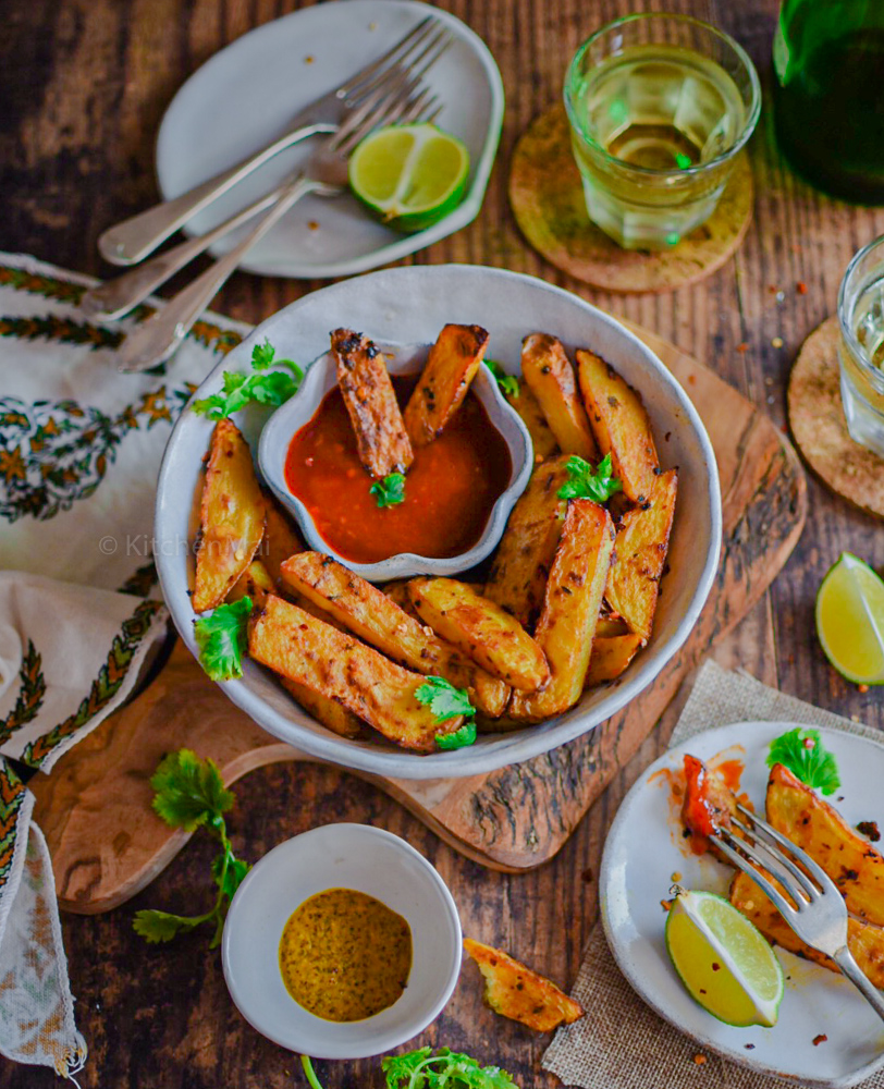 "Baked spicy potato fries - www.kitchenmai.com"