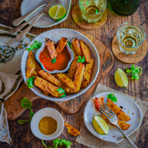 "Baked spicy potato fries - www.kitchenmai.com"