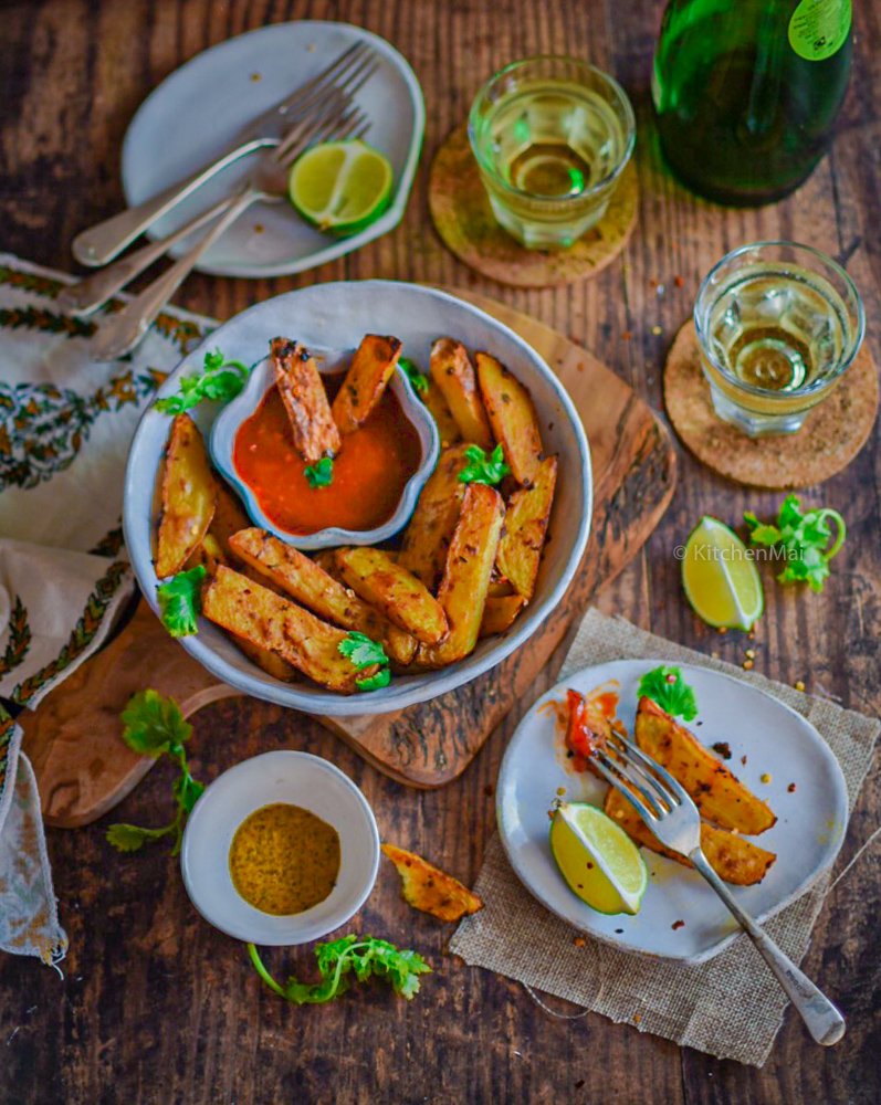 "Baked spicy potato fries - www.kitchenmai.com"