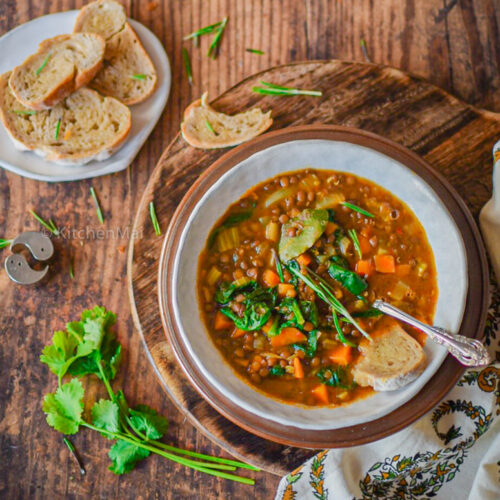 "French lentil and spinach soup - www.kitchenmai.com"